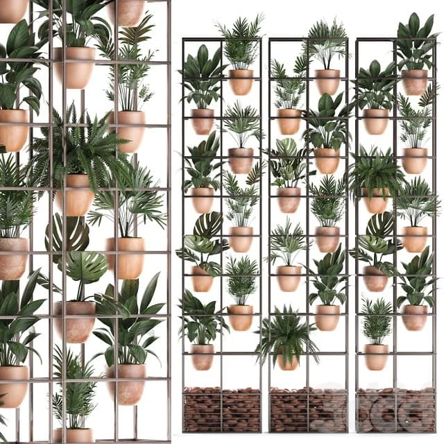 Vertical gardening. thirty. Shelf with flowers, fern, areca palm, monstera, houseplants, vertical garden, clinker, clay flowerpot, phytowall, phytomodule, pots, eco design, sansevieria, ficus lyrata, Raphis palm, rack